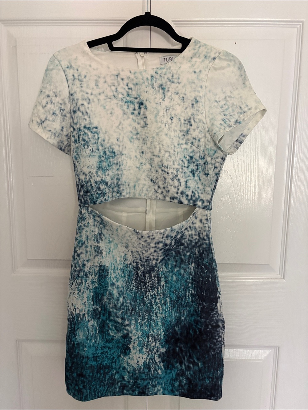 TOBI White Teal Blue Watercolor Print Sleeveless Open Midriff Sheath Dress Sz S